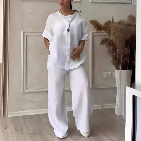 Women's comfortable loose top wide-leg pants casual cotton and linen suit m302154