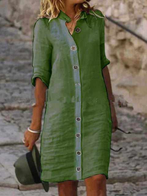 Robe en coton et lin à col chemise et manches mi-longues, grande boucle ronde M300218