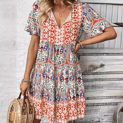 Nouvelle robe à col en V, jupe ample à imprimé bohème à la mode m300994 