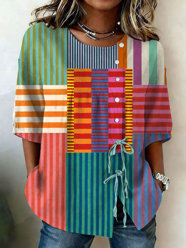 Color matching loose blouse five-button drawstring shirt m302758