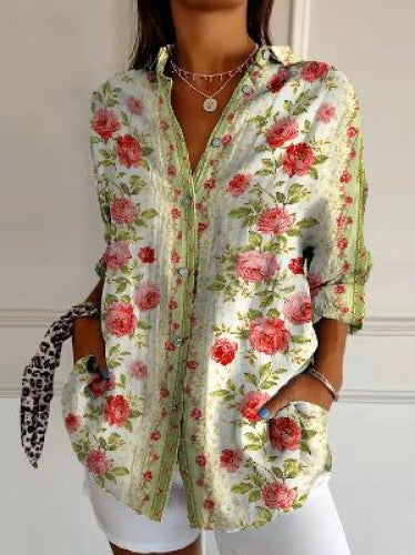 3D digital printing abstract pattern women's long-sleeved buckle linen shirt m301277