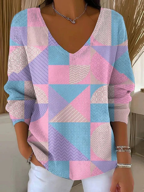 Shoulder V-Neck Long Sleeve Pullover 3D Digital Printing Women's Top T-Shirt m302616