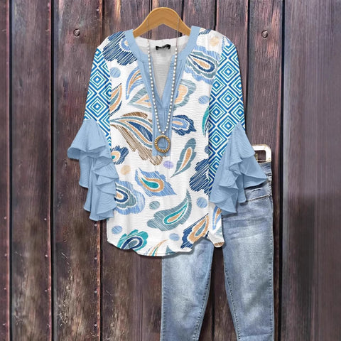 T-shirt à col en V et bordure lotus, imprimé floral créatif, impression numérique, tendance décontractée, m301358 