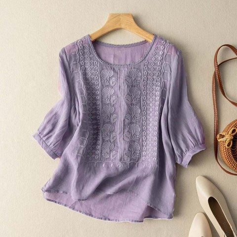 Summer thin embroidered top retro breathable cotton and linen short-sleeved t-shirt m302790