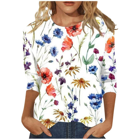 Pull ras du cou à manches sept-quarts et imprimé 3D de fleurs et de plantes m300615 