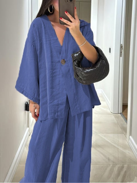 Fashion casual suit V-neck one-button loose long-sleeved top high-waisted trousers two-piece set m301966