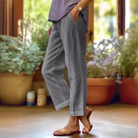 Cotton and linen loose solid color elastic waist pocket straight casual pants m301571