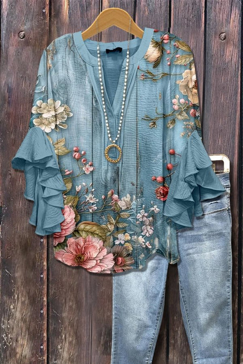 Creative floral element printing digital printing casual trend V-neck lotus edge T-shirt women's top m301778