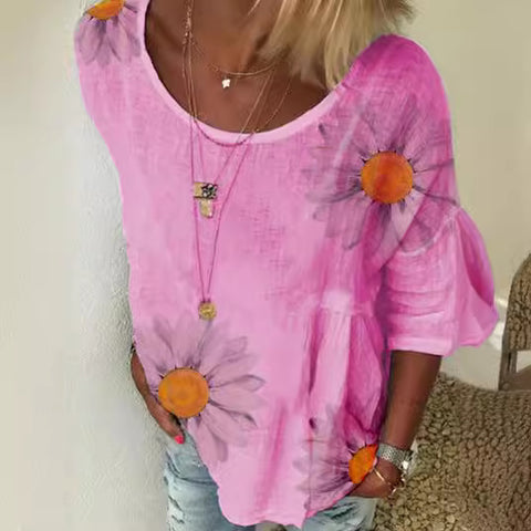 T-Shirt mit Rundhalsausschnitt und 7/4-Ärmeln und Chrysanthemen-Print für Damen m300893 