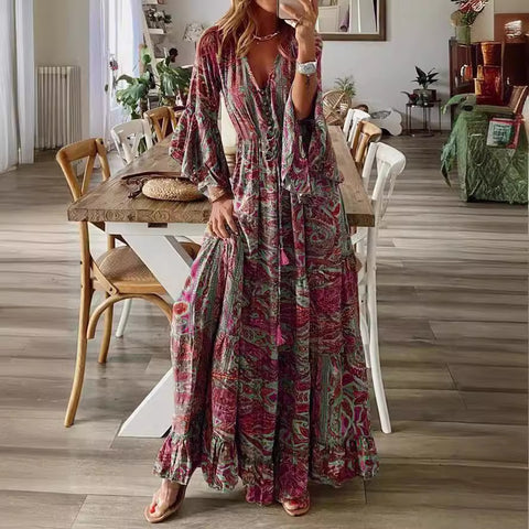 Robe de vacances bohème à manches évasées, imprimée, col en V, taille haute, m300709 