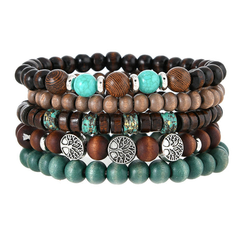 Bracelet rétro en alliage de zinc avec perles en bois tissées à la main, motif arbre de vie, multicouche, cinq pièces, m3331272 