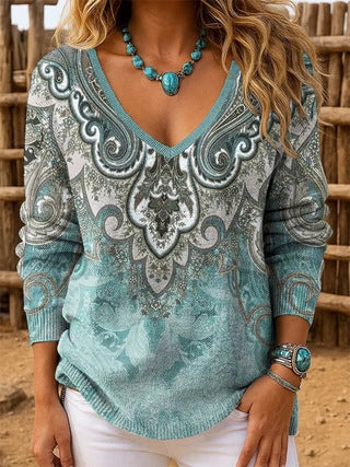 Shoulder V-neck Long Sleeve Pullover 3D Digital Printing Women's Top T-Shirt FF303430 03