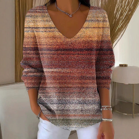 Shoulder V-Neck Long Sleeve Pullover 3D Digital Printing Women's Top T-Shirt m302616