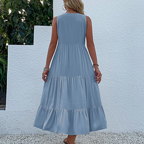 Robe d'été populaire à jupe plissée sans manches, ample, col en V, moyenne et longue, m300851 