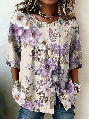 Color matching loose blouse five-button drawstring shirt m302758