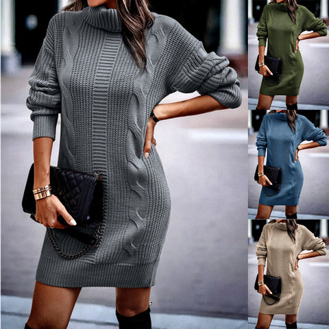 Damenkleid mit hochgeschlossenem, langärmeligem Pullover und Hüftwickel m300500 