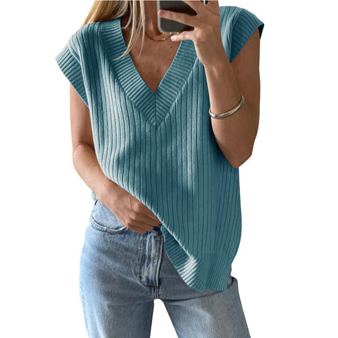 Pull-over ample sans manches à col en V, style décontracté, m300955 