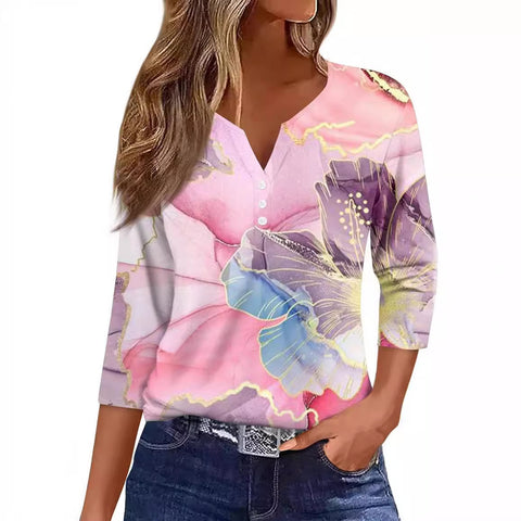 Vêtements pour femmes à motif marbré, col en V, trois boutons, manches sept-quarts, m300581 