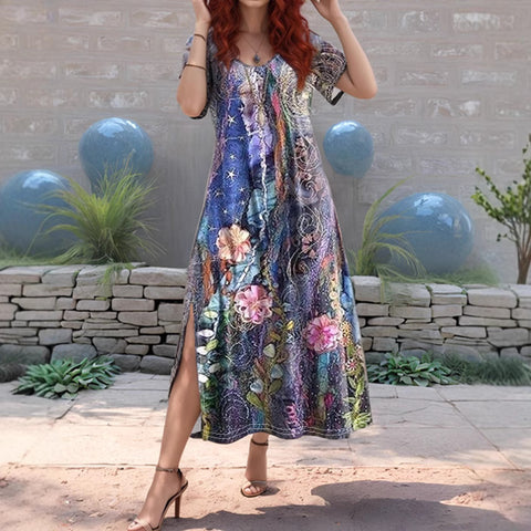 Robe décontractée ample à manches mi-longues et col en V pour femme, style ethnique, m301203 