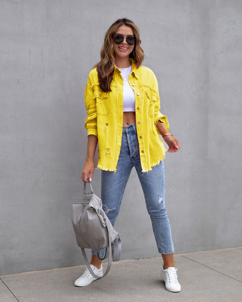 Veste en jean déchirée à ourlet brut, haut décontracté à manches longues et col polo M300220 