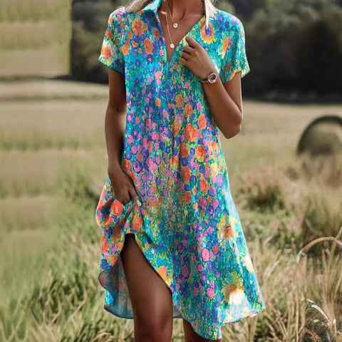 Robe longue à col ras du cou et manches courtes, imprimé bohème m300908 