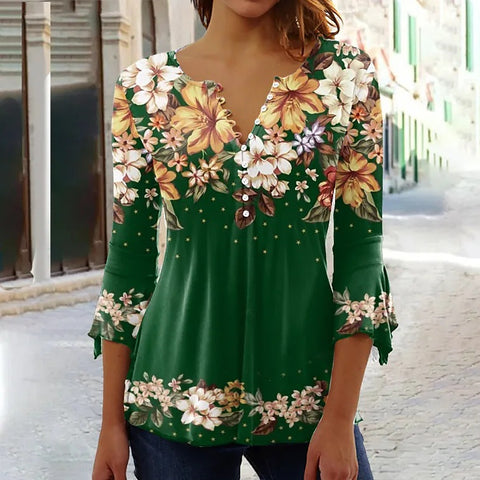 T-shirt à imprimé floral Ruili Fashion, col en V, manches trois-quarts m300035