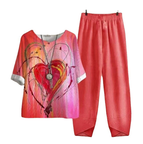 Zweiteiliges Set aus bedrucktem Oberteil und Hose mit geteilten Ärmeln, m300036 