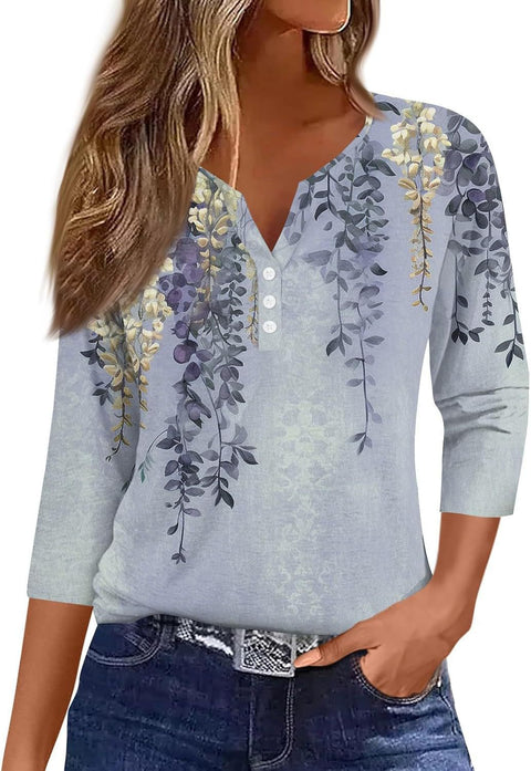 Vêtements pour femmes à motif marbré, col en V, trois boutons, manches sept-quarts, m300581 