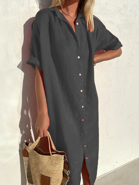 Robe chemise élégante, décontractée, ample, à manches courtes, en coton et lin, avec poches longues, m301256 