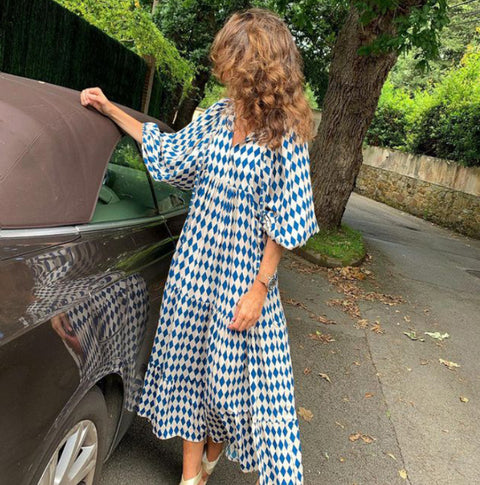 Robe à manches bouffantes à imprimé géométrique, jupe de rue frite m300902 