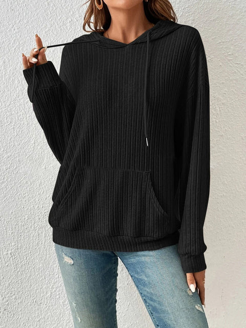Damen-Strickpullover mit Kapuze, Pit-Streifen und Kängurutasche, m300525 
