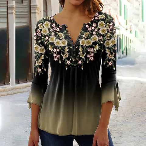 T-shirt à imprimé floral Ruili Fashion, col en V, manches trois-quarts m300035