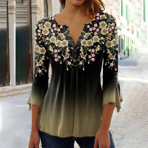 T-shirt à imprimé floral Ruili Fashion, col en V, manches trois-quarts m300035