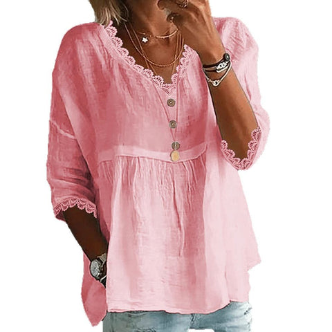 Casual seven-quarter-sleeved lace V-neck pullover multi-color women's top shirt m301420