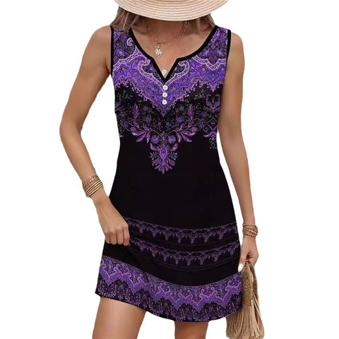Bedrucktes, ärmelloses Kleid mit V-Ausschnitt und Hosenträgern, modisch und lässig, m300105 