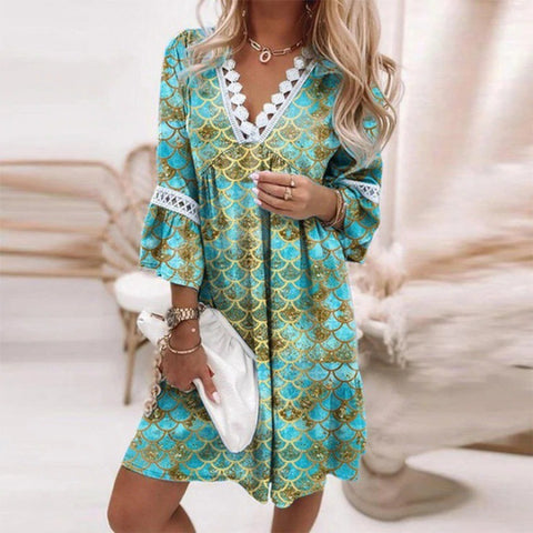 Robe bohème décontractée à col en V et coutures en dentelle imprimées, style vacances M300213 