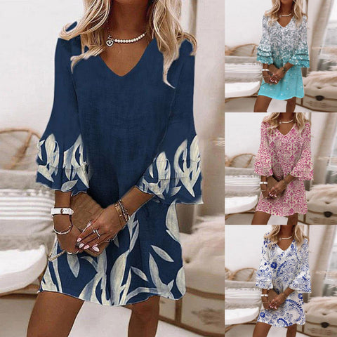 Fresh printed V-neck 3/4-sleeve mini women's dress m302854