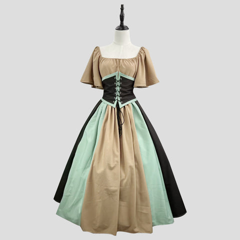 Medieval retro contrasting color slim-fit skirt flying sleeve big swing skirt m301546