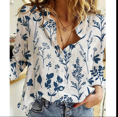 3D digital printing abstract pattern women's long-sleeved buckle linen shirt m302749-03