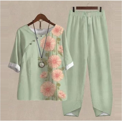 Zweiteiliges Set aus bedrucktem Oberteil und Hose mit geteilten Ärmeln, m300036 