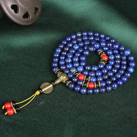 Bracelet Bouddha en lapis-lazuli, 108 perles et turquoise rouge m3331230