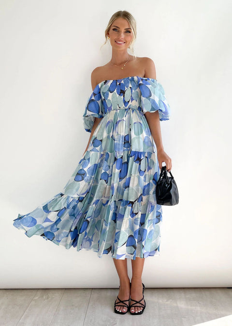 Robe longue imprimée à manches bouffantes et épaules dénudées pour femme M300282 