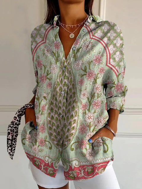 3D digital printing abstract pattern women's long-sleeved buckle linen shirt m302749-03