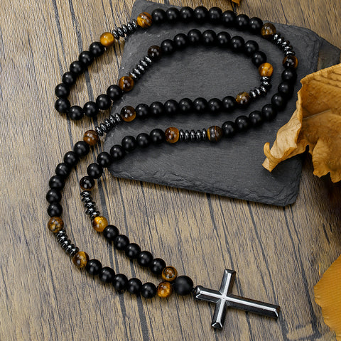 Collier hip hop en pierre naturelle noire, œil de tigre jaune, croix en pierre de fer, m3331291 