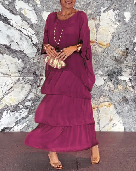 Fashion women's temperament round neck bat sleeve long dress m301334