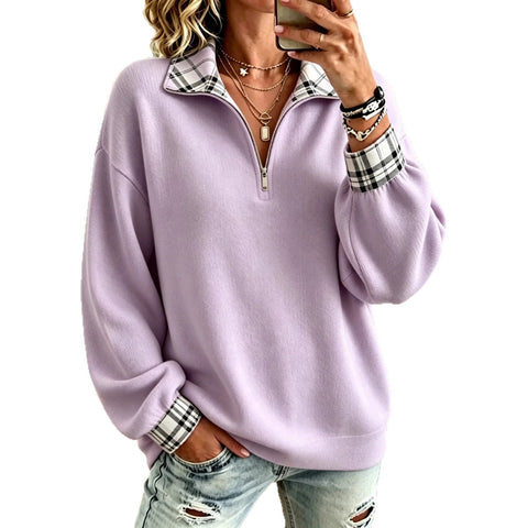 Plaid solid color printed women's semi-zipper stand-up neck sweater FF303402
