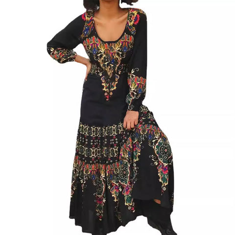 Robe élégante à manches longues, imprimé automne, col en U, style vacances balnéaires, m300927 