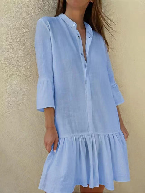Robe chemise boutonnée à col montant et manches 9/4 en coton avec ourlet plissé m300679 