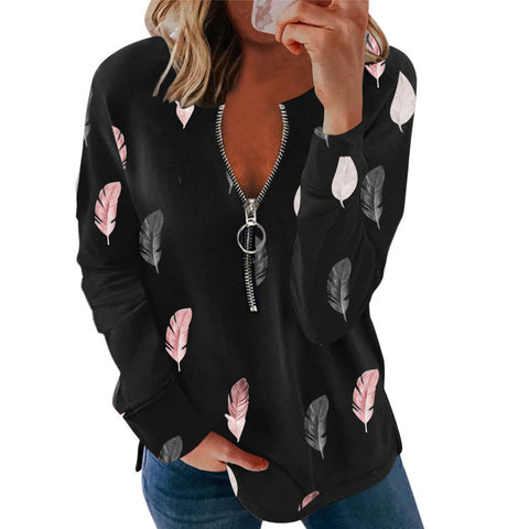 Pull à manches longues et col en V pour femme, imprimé floral, fermeture éclair, M300196 
