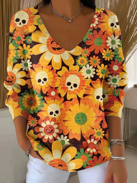 Shoulder V-Neck Long Sleeve Pullover 3D Digital Printing Women's Top T-Shirt m302616